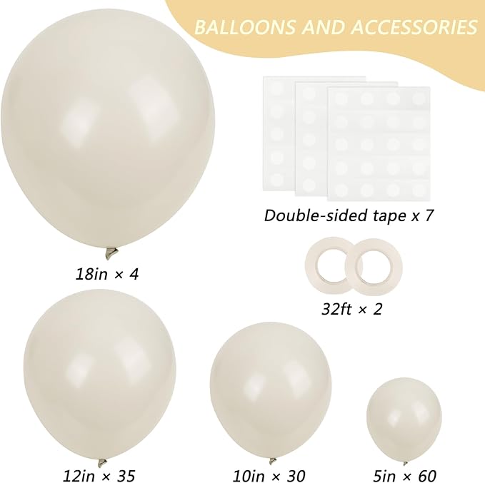 RUBFAC 129pcs Sand White Balloons Different Sizes 18 12 10 5 Inches, Cream Beige Latex Balloon Garland Arch for Birthday Party Graduation Wedding Anniversary Baby Shower Decoration