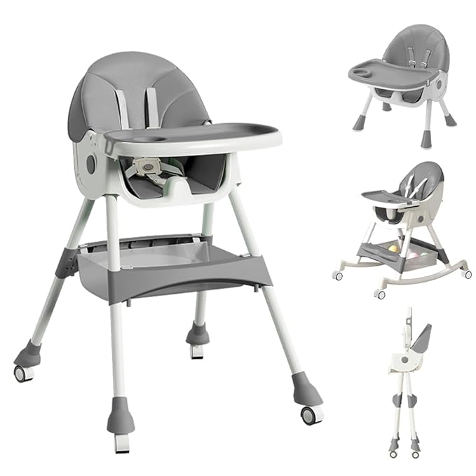 High Chairs for Babies and Toddlers, 4 in 1 Convertible Baby High Chair, Portable High Chair for Travel with Adjustable Height and Back, Foldable HighChair with Wheels& Pu Cushion (Grey)