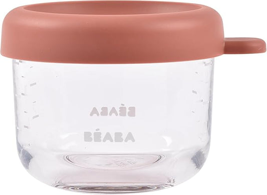 Beaba 5 oz Glass Baby Food Jars with Soft Silicone Air Tight Lids, Glass Storage Containers with Lids, Microwave and Freezer Safe Containers, Terracotta