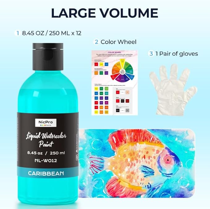 Nicpro 12 Colors Liquid Watercolor Paint Set, 8.45oz Large Bulk Liquid Watercolor Paint, Non-Toxic Water Colors Painting Supplies for Art Activity, Craft DIY, Poster, School, Home, Classroom, Party