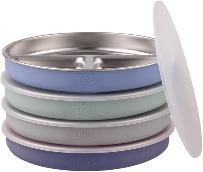 Stainless Steel Divided Plates + Silicone Sleeve and Storage Lid | Baby, Toddler, Kids | Dinner & Snack Plates | 4 Pack