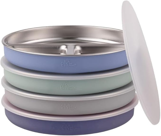 Stainless Steel Divided Plates + Silicone Sleeve and Storage Lid | Baby, Toddler, Kids | Dinner & Snack Plates | 4 Pack
