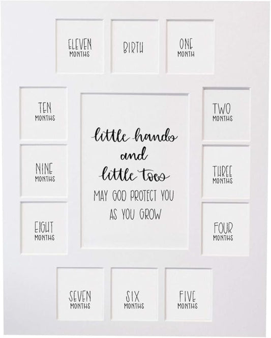 Rustic Red Door Co. Baby's First Year Picture Mat - Little Hands and Little Toes Photo Collage - No Frame - 13 Picture Slots - Newborn Birth to One Year Birthday - Watch Your Baby Grow (White Mat)