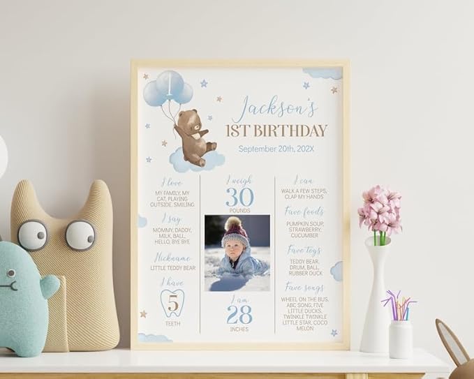 Generic Personalized Beary First Birthday Milestone Poster, Teddy Bear Photo Milestone Sign, Boho Brown Bear Party Stats Board, Design 07