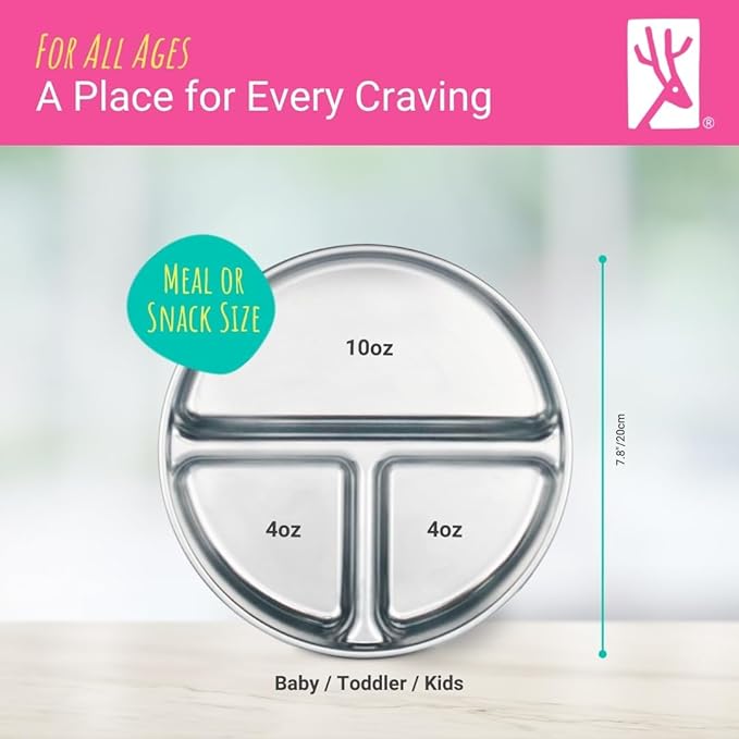 Elk and Friends Stainless Steel Divided Plates with Normal Sleeve for Babies & Toddlers | Lids Included Dinner & Snack Plates | 4 Pack