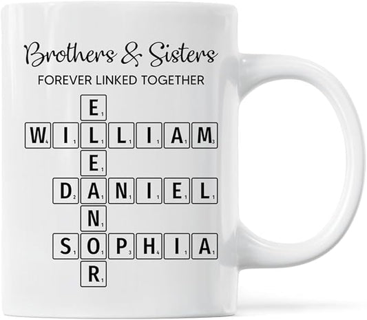 Trending Custom Brothers & Sisters Forever Linked Together Personalized White Mug Brothers Sisters Crossword Puzzle Art Mug, Gift For Brothers, Sisters, Siblings, Family Member on Birthday Christmas