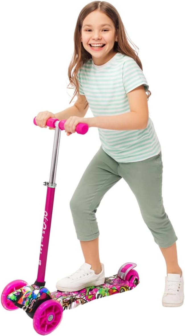 Maxi Scooter for Kids Ages 6-12 Lean-to-Steer 3 Wheel Scooter for Kids Ages 6-12 PU Light-Up Wheels Kids Scooter Adjustable Height Light Weight Aluminum Scooters T-Bar Colorful Design Printed