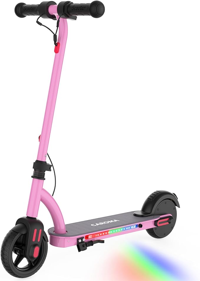 Caroma Electric Scooter for Kids Ages 6-12,150W/180WMotor,10 MPH Max Speed & 7 Miles,Colorful Lights,Adjustable Height & Speed,LED Display,Foldable Kids Electric Scooter 132 Lbs Max Load,Idea Gift