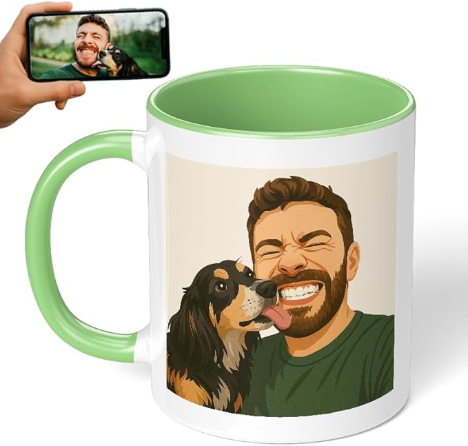 Personalized Coffee Mug, Custom Drawing Portrait Gift, Funny Customized Coffee Gift for Men & Women, Custom Mugs with Pictures, Light Green 11oz Customized Ceramic Tea Cup