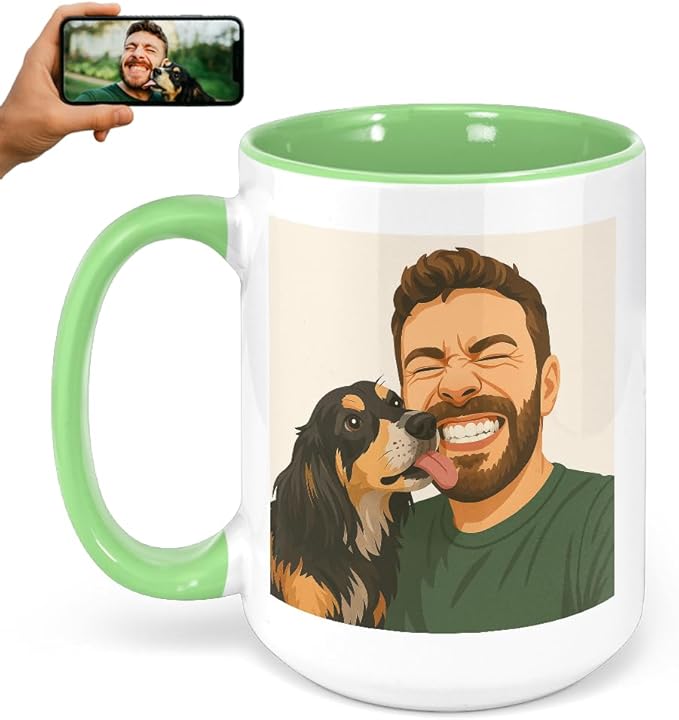 Personalized Coffee Mug, Custom Drawing Portrait Gift, Funny Customized Coffee Gift for Men & Women, Custom Mugs with Pictures, Light Green 15oz Customized Ceramic Tea Cup
