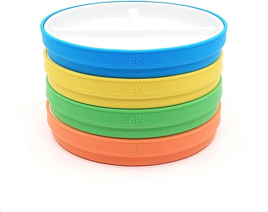 Elk and Friends Kids 6.7” Porcelain Divided Plates with Silicone Sleeves | Suitable for Babies/Kids/Toddlers | Microwave & Dishwasher Safe | Non Slip | Snack Dishes