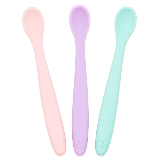 WeeSprout Silicone Baby Spoons - First Stage Infant Feeding Utensils With Soft-Tip, Bendable Kitchenware for Parent & Self-Feeding, Ultra-Durable, Dishwasher Safe, Travel Case, Set of 3
