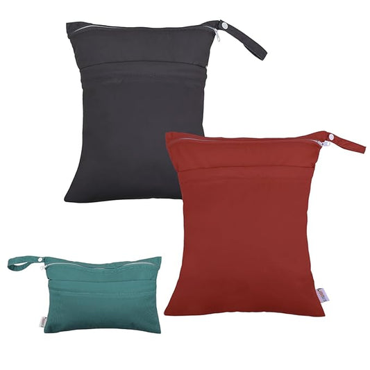 ALVABABY 3 Cloth Diaper Wet Dry Bags Waterproof Reusable with Two Zippered Pockets Travel Beach Pool Daycare Soiled Baby Items Yoga Gym Bag for Swimsuits or Wet Clothes Small medium Large 3L-SML02