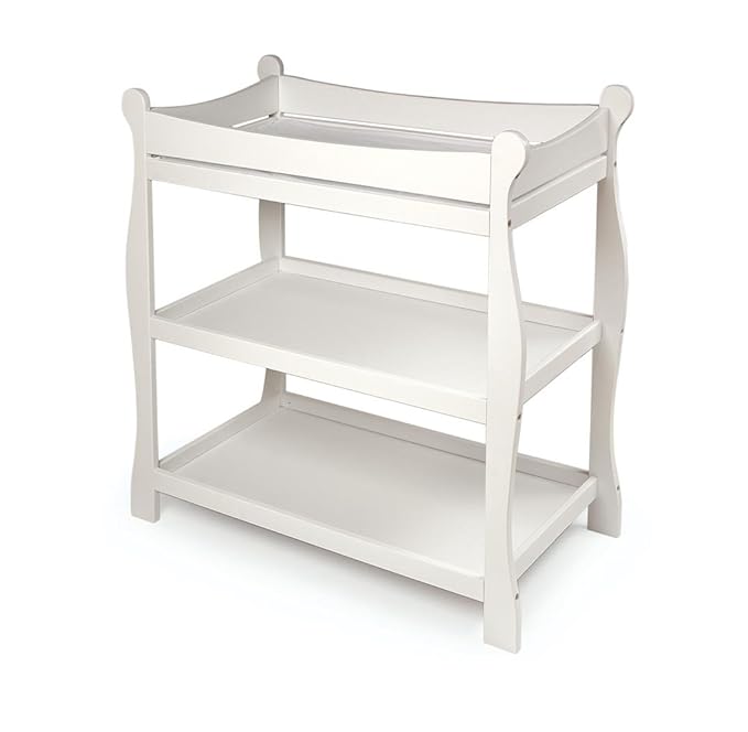 Badger Basket Sleigh Style Baby Changing Table - Nursery Diaper Station with Safety Rails, Foam Pad, and Two Storage Shelves - Nursery Organizer - White