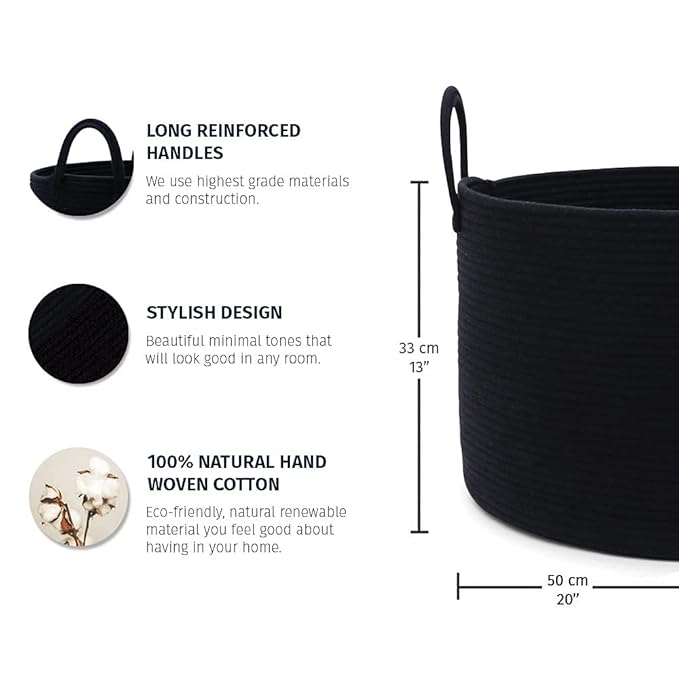 OrganiHaus Large Laundry Basket, Woven Cotton Rope Basket for Blankets, Toy Storage, Nursery Hamper, Living Room Decor Organizer, Soft & Durable Hamper with Handles, 20x13 inches - Black