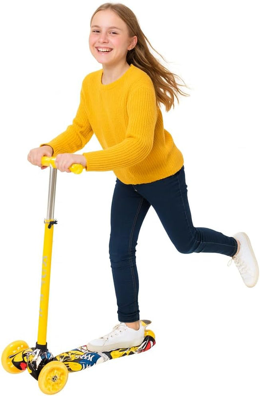 Maxi Scooter for Kids Ages 6-12 Lean-to-Steer 3 Wheel Scooter for Kids Ages 6-12 PU Light-Up Wheels Kids Scooter Adjustable Height Light Weight Aluminum Scooters T-Bar Colorful Design Printed