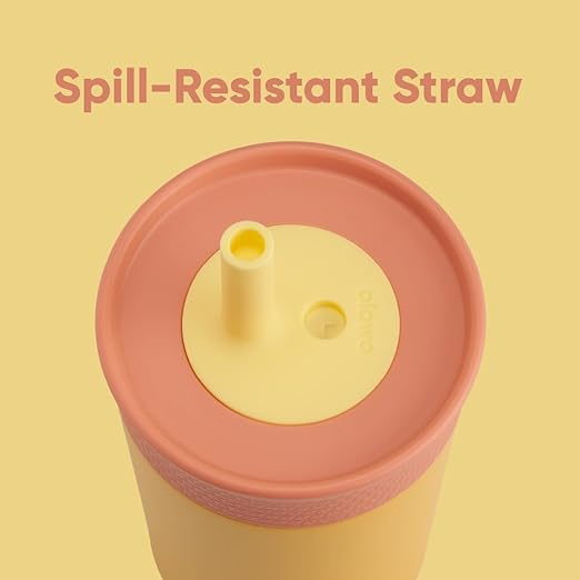 Owala Kids Insulation Stainless Steel Tumbler with Spill Resistant Flexible Straw, Easy to Clean, Kids Water Bottle, Great for Travel, Dishwasher Safe, 12 Oz, Peach and Yellow (Picnic)