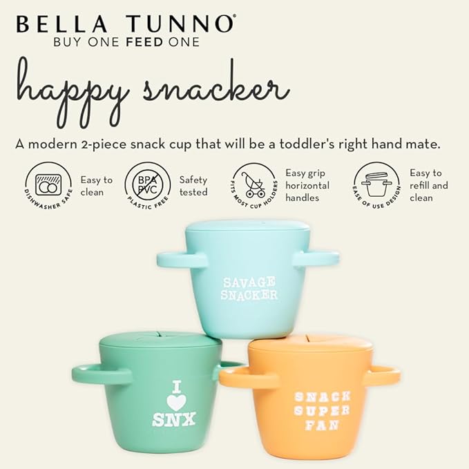 Bella Tunno Happy Snacker – Spill Proof Snack Cups for Toddlers and Babies, Snack Containers Made from Silicone BPA Free, Soft Opening & Removable Lid (Sir Snacks A lot)