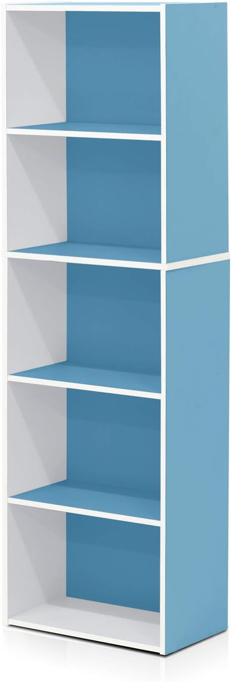 Furinno Luder Bookcase / Book / Storage , 5-Tier, White / Light Blue