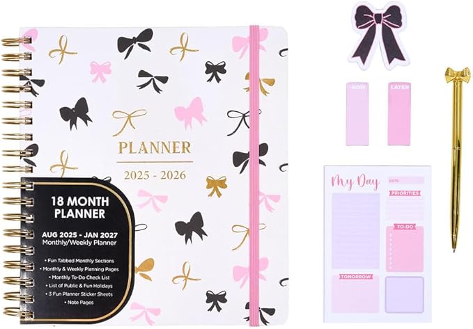 Votum August 2025 to January 2027 Large Back to School Academic Planner- Daily, Weekly & Monthly Organizer with Pens, Stickers, Sticky Notes, and a Sturdy Cover - Bows Pink