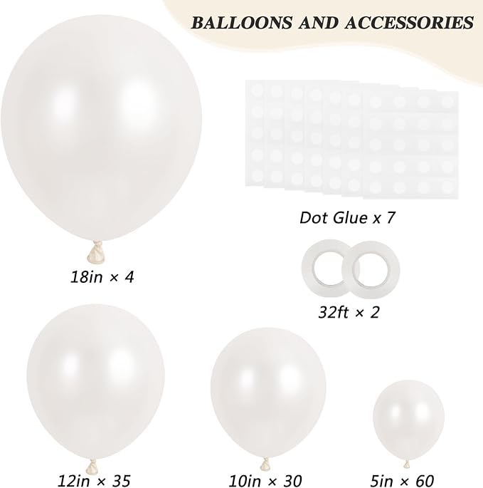 RUBFAC 129pcs Pearl White Balloons Different Sizes 18 12 10 5 Inch for Garland Arch Kit, Latex Balloon for Wedding Engagement Anniversary Bridal Baby Shower Birthday Party Decoration