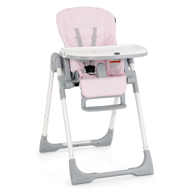 INFANS High Chair for Babies & Toddlers, Foldable Highchair with Multiple Adjustable Backrest, Footrest and Seat Height, Removable Tray, Detachable PU Leather Cushion, Built-in Rear Wheels (Pink)