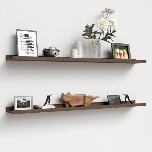 47.2 Inches Long Floating Shelves, 2 Set Farmhouse Wall Shelf for Bedroom, Nursery Book Shelf with Lip, Picture Ledge Shelf for Living Room, Bathroom, Kitchen - Walnut