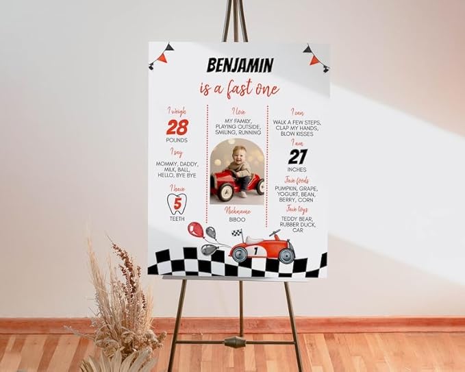 Personalized Fast One Birthday Milestone Photo Poster, Race Car 1St Birthday Milestone Sign, Racing Car Birthday Sign, Design 010