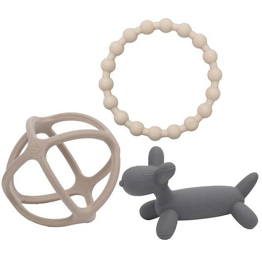 WeeSprout Silicone Baby Teether Toys for Infant Babies and Toddlers, Cute Ring, Puppy Dog, and Ball, Soft and Flexible, BPA Free, Boys and Girls (Matte Dark Gray, Tan & Off White)