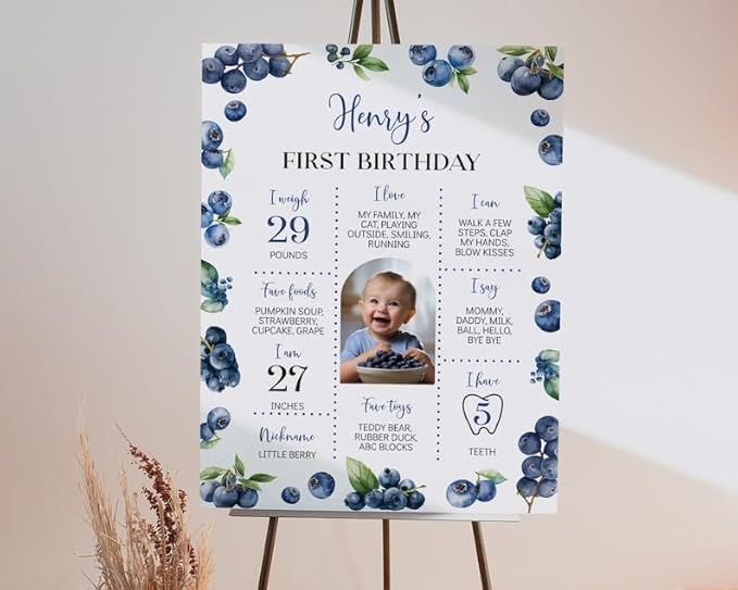 Generic Blueberry First Birthday Milestone Sign, Berry Sweet Birthday Milestone Poster, Boy Blueberries Photo Milestone Board, Design 01