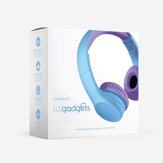 LilGadgets Connect+ Wired Kids Headphones for School with Mic, Volume Limited & Noise Reduction, On-Ear Headset with Cord, SharePort Technology for Multiple Kids & SoftTouch Padding, Blue/Purple