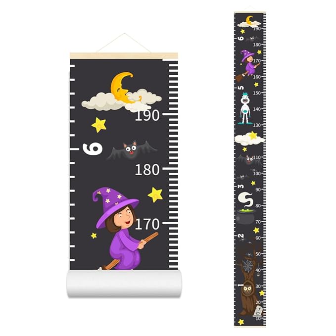 Baby Height Growth Chart - Canvas Height Chart for Kids Baby Child Toddler Boys Girls Growth Chart for Wall Room Nursery Decor Hangable and Removable Measuring Wall Ruler (Witch, Beige Wood)