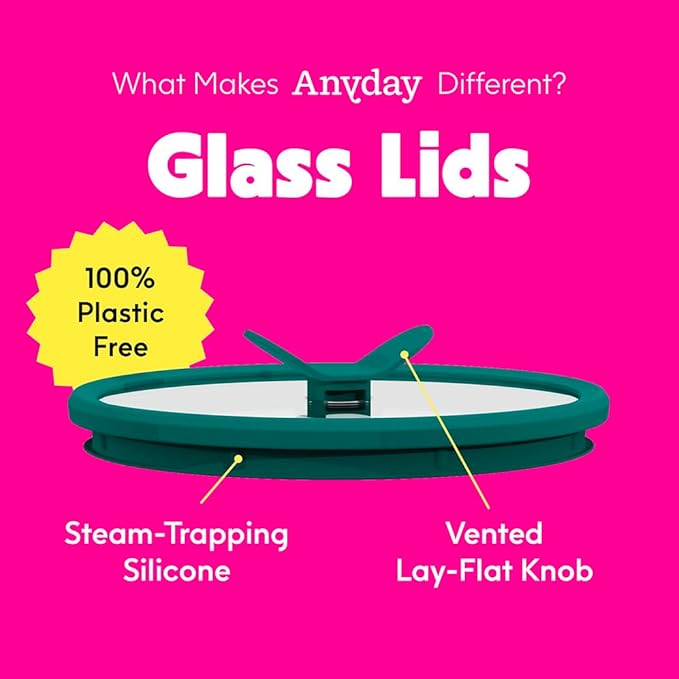 Anyday 8-Cup Glass Food Storage with Glass Lid, Round Deep Dish | Plastic-Free Meal Prep & Microwave Cookware | Stackable Airtight Storage Container with Vented Lid for Microwave-Safe Reheating