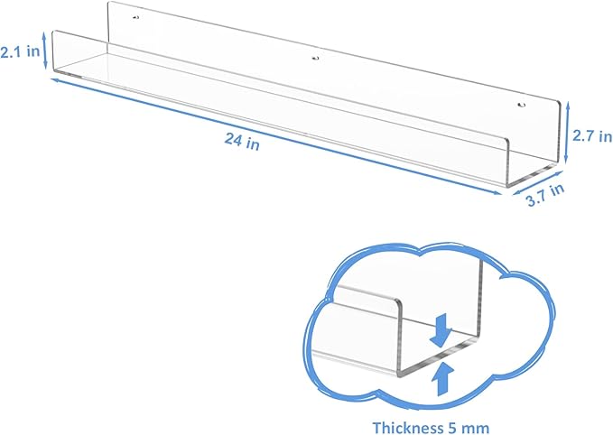NIUBEE 24-Inch Acrylic Kids Floating Bookshelves, 2-Pack, Wall Mounted Clear Shelves for Kids' Growing Book Collections in Nurseries/Bedroom/Playrooms