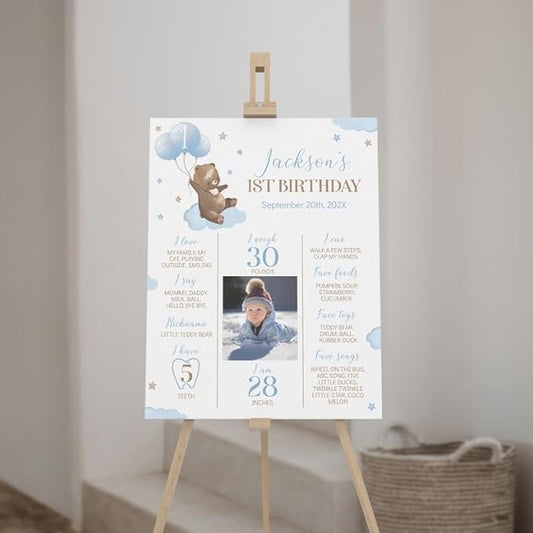 Generic Personalized Beary First Birthday Milestone Poster, Teddy Bear Photo Milestone Sign, Boho Brown Bear Party Stats Board, Design 07