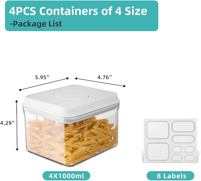 Ankou Airtight Container Set (1000ml 4 Pcs) Stackable One Press Openning Food Containers for Snacks Sugar Salt Herbs Spices Coffee Bean Formula Popcorn BPA-Free Tight Seal - Clear (1.0 QT * 4)