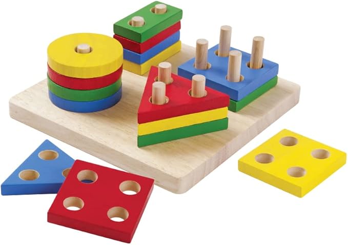 PlanToys (2403 Wooden Geometric Sorting Board Sustainably Made from Rubberwood and Non-Toxic Paints and Dyes