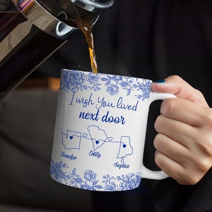 Personalized Mug - Chinoiserie Toile I Wish We Lived Closer - Trendy France-China Inspired Design - Christmas Birthday Gift for Girl Friends Besties BFF Best Friend Wildflower Floral Frame