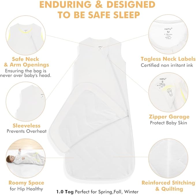 HAPIU Unisex Rayon Made from Bamboo Baby Sleep Sack TOG 1.0, 2-Way Zipper YKK, Wearable Blanket Baby