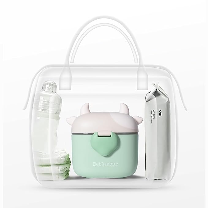 Bebamour Baby Formula Dispenser On The Go, Formula Container to Go, Formula Holder for Travel, Candy Fruit Snack Storage Container with Scoop and Leveller (Light Green Cow)
