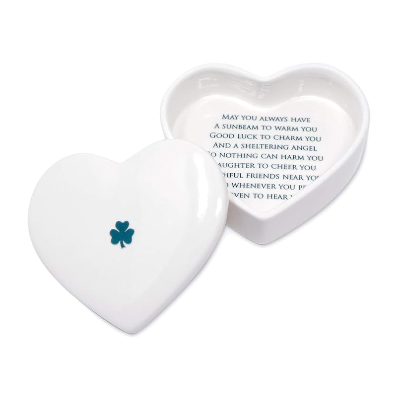 Baptism Gift, First Communion Gift, or Confirmation Gift, Handmade Heart Ceramic Keepsake Box with Irish Blessing and Shamrock in Green