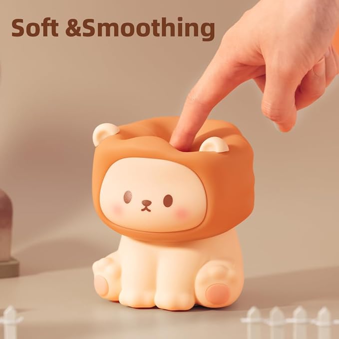 Cute Lion Night Light for Kids, Rechargeable Nursery Lamp with Timer, 3 Brightness Levels & Warm Light, Soft Silicone Baby Night Light, Tap Control, Gift for Toddlers