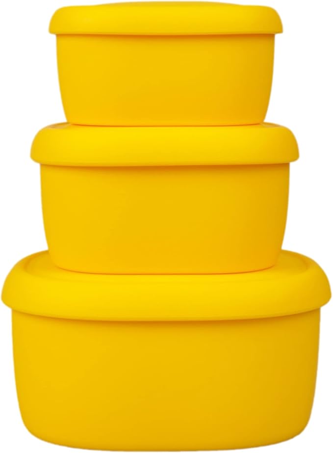 BLUE GINKGO Nesting Silicone Containers - Set of 3 Hard-Shell Silicone Food Storage Containers | BPA Free, Airtight, Dishwasher and Freezer Safe (6.7oz, 10oz, 20oz) - Yellow