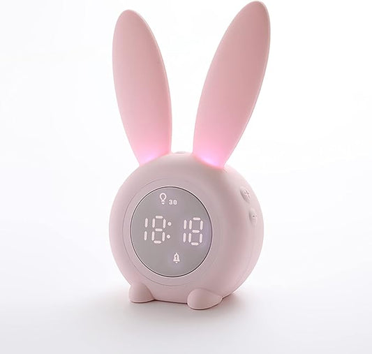 KDtech Kids Alarm Clock with Night Light 6 Ringtones, Cute Pink Bunny Digital Alarm Clock for Kids, Touch Control and Rechargeable Sleep Trainer Clock for Boys Girls Bedroom