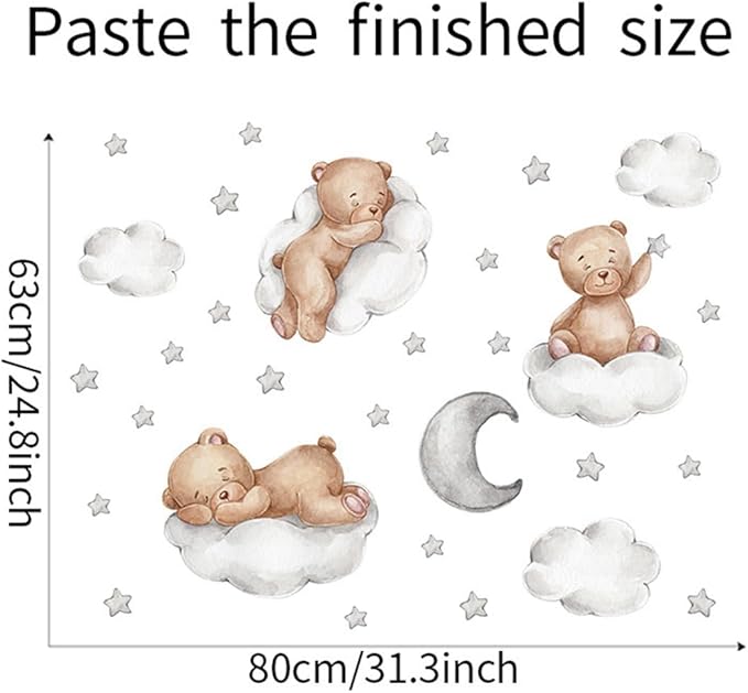Tedy Bear Wall Decals, Cute Bear Sleeping on The Moon Cloud Stars Wall Stickers, Cartoon Tedy Bear Wall Decor for Baby Kids Baby Room Nursery Decor (Tedy-Bear)
