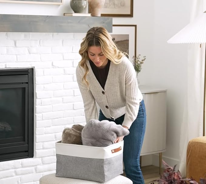 OrganiHaus Extra Large Fabric Storage Bins for Shelves 16x13in, Closet Storage Baskets for Shelf Organizing, Canvas Rectangle Bins for Organization, Linnen Baskets for Organizing - Navy Blue/White