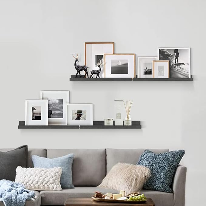 Forbena 24 Inch Long Picture Ledge Shelf Set of 4, Black Wood Floating Shelves for Wall with Lip, Rustic Display Shelves for Living Room Hallway Bedroom Office Photo Frames Bathroom Nail Polish