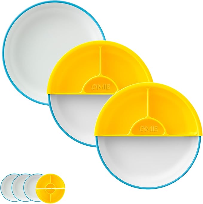 Omie® Easy Scoop Plates for Kids | Unique Design Helps Food Fall into the Spoon, Not on the Table | Made from Plants | 3 Plates + 2 Silicone Dividers | Blue