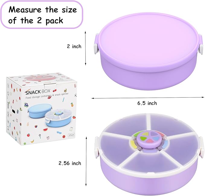 Kids' Rotating Snack Container Set – 2-Pack, Includes 1 Rotating Snack Container & 1 Round Sectioned Snack Box, BPA-Free, Dishwasher Safe, Perfect for Travel-Purple