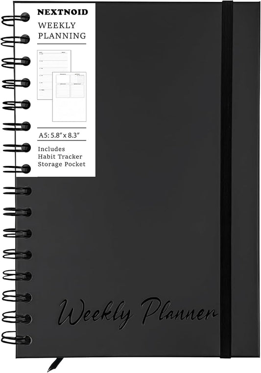 Undated Weekly Planner Notebook, A5 (5.8" x 8.3") Hardcover Weekly to do List Notebook for Work with Goal & Habit Tracker - Spiral Black
